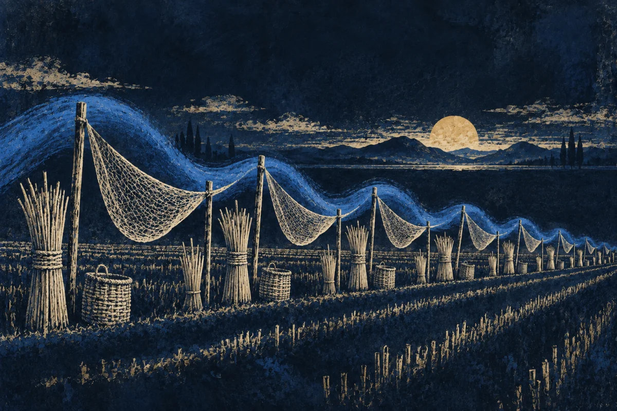 Midnight Symbols artwork for Field-Pulse, painted in deep navy, cobalt, warm ivory, and restrained amber.