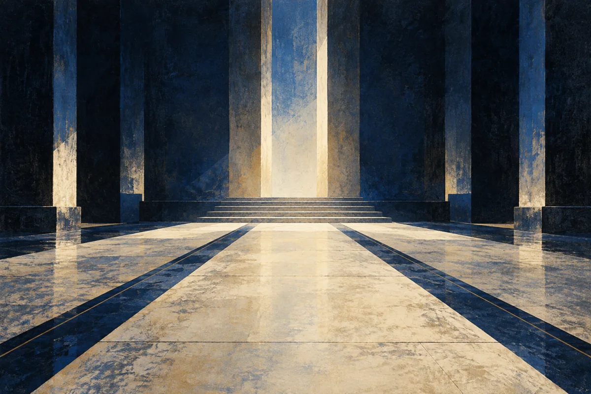 An empty formal threshold and long ivory floor planes turn a dark room into ordered space. Cobalt lines of distance, timing, and position create a clear procession path without any figure present; no people, throne, crown, heraldry, flags, weapons, palace ornament, cultural motifs, text, or diagram.