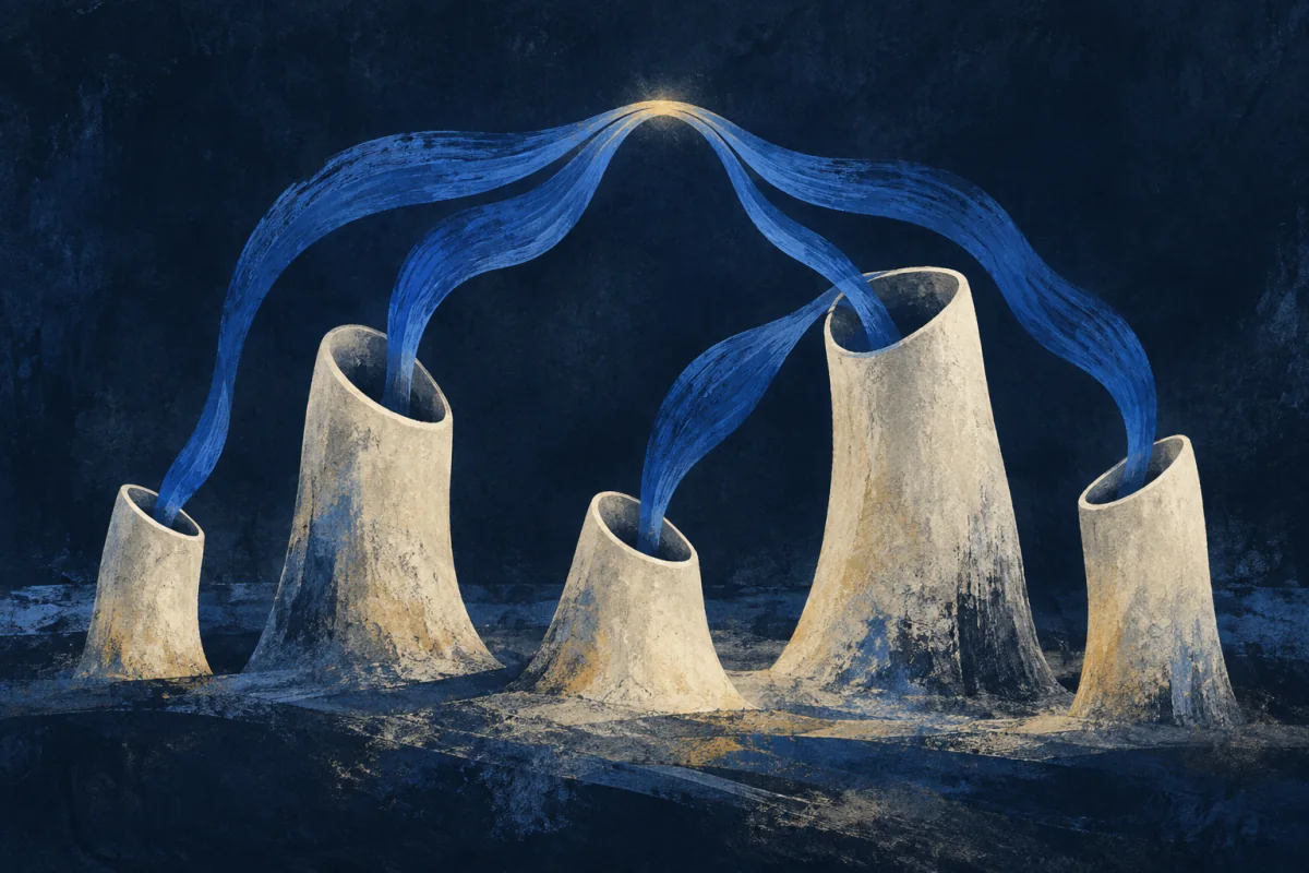 Several distinct ivory hollow forms stand at varied heights. Separate cobalt waves emerge, then are shaped by one quiet suspended curve into a single rich shared sound; no people, faces, mouths, choir robes, conductor, hands, music notation, church, or religious symbol.