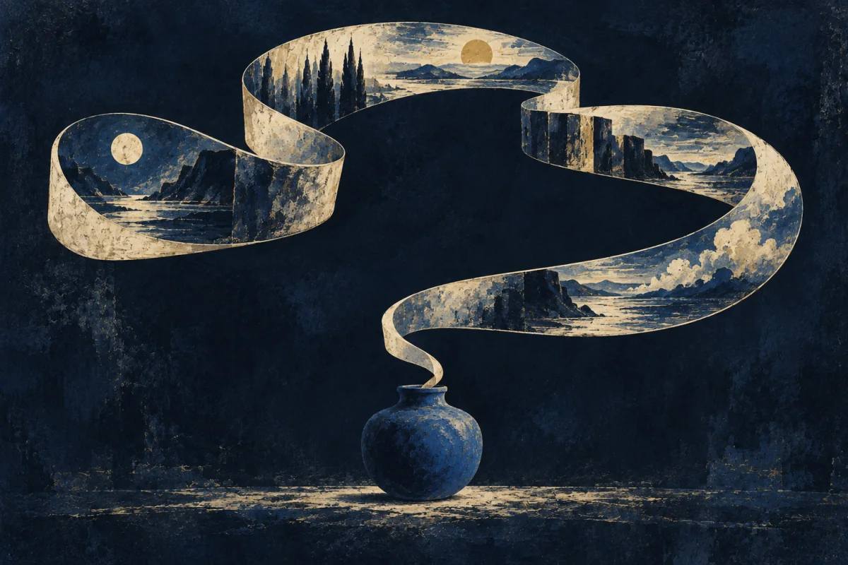 Midnight Symbols artwork for Epic-Singer, painted in deep navy, cobalt, warm ivory, and restrained amber.