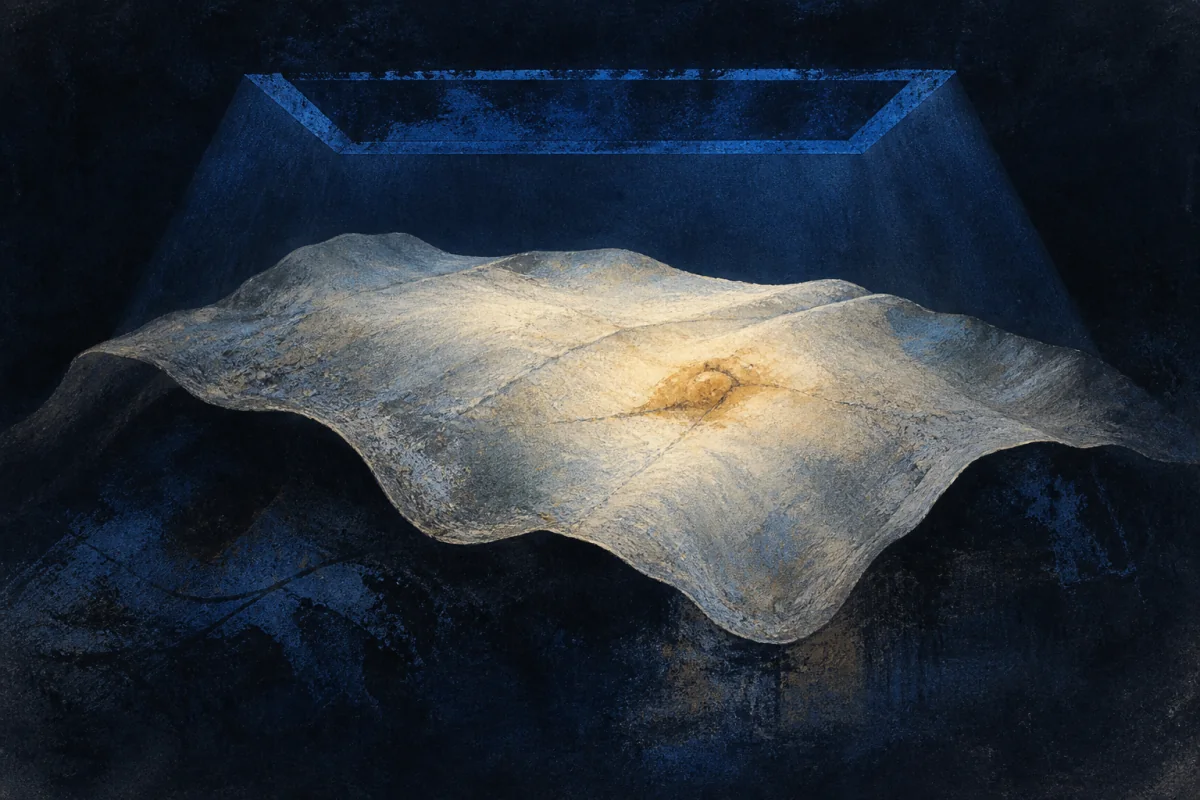 A broad pale organic surface rests in shadow. Tiny differences in sheen, tension, and colour resolve under a cobalt viewing frame, revealing one subtle amber irregularity beneath; no person, skin, body part, eye, microscope, labels, or scientific diagram.