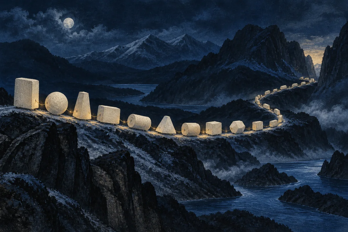 A long sequence of varied ivory load-forms crosses changing midnight terrain in one coherent column. A steady cobalt route bends around weather and a narrow pass while keeping every form connected; no people, animals, vehicles, maps, flags, cultural motifs, or text.