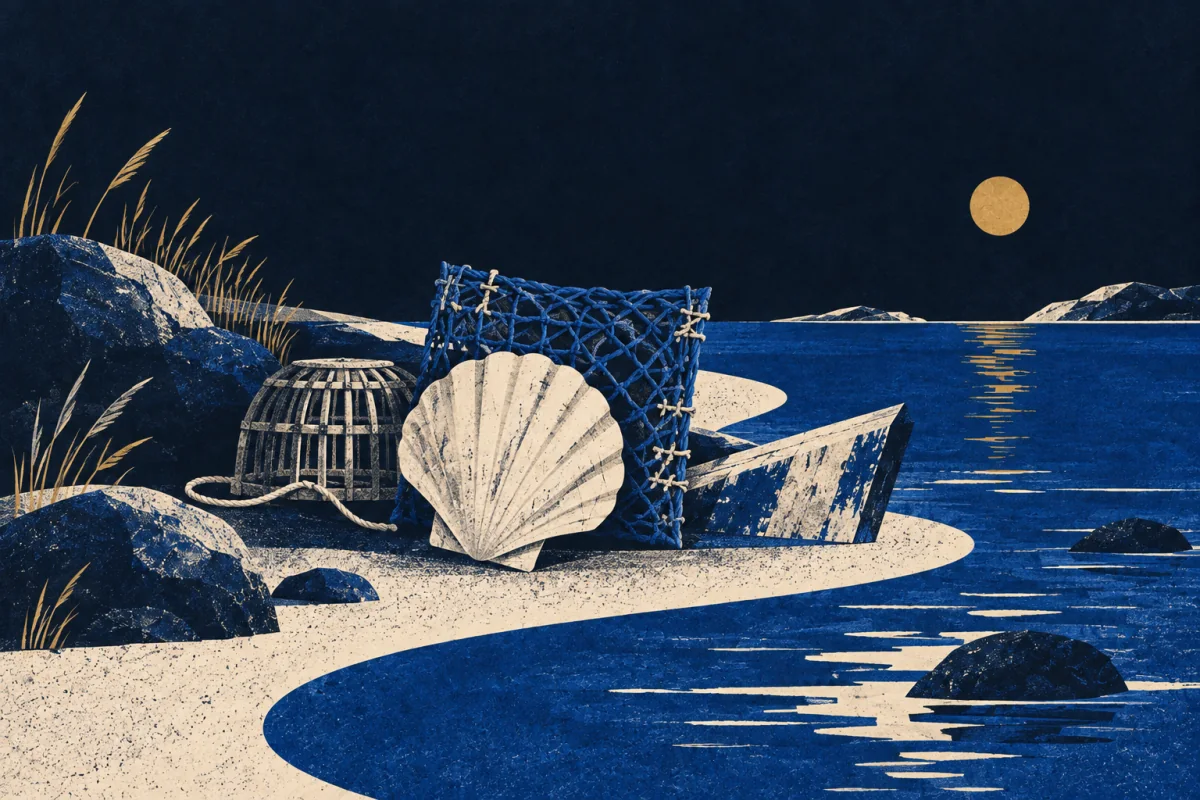 A shell, net, basket, and small boat rest on an ivory shore beside cobalt water beneath a gold sun.