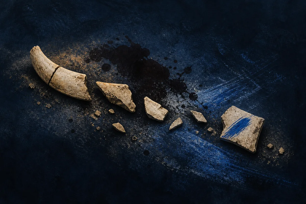 Weathered ivory fragments, a dark stain, and one cobalt scrape lie quietly across a midnight surface. Their spacing and wear reveal a sequence of events without depicting the event itself; no corpse, bones, person, gore, forensic tools, labels, or crime-board diagram.