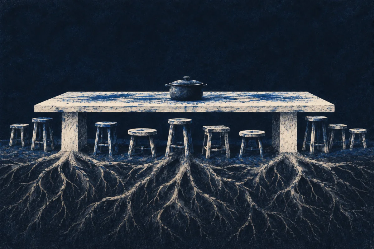 A long pale table holds a dark cooking pot. Stools of different heights stand around it, and roots spread beneath.