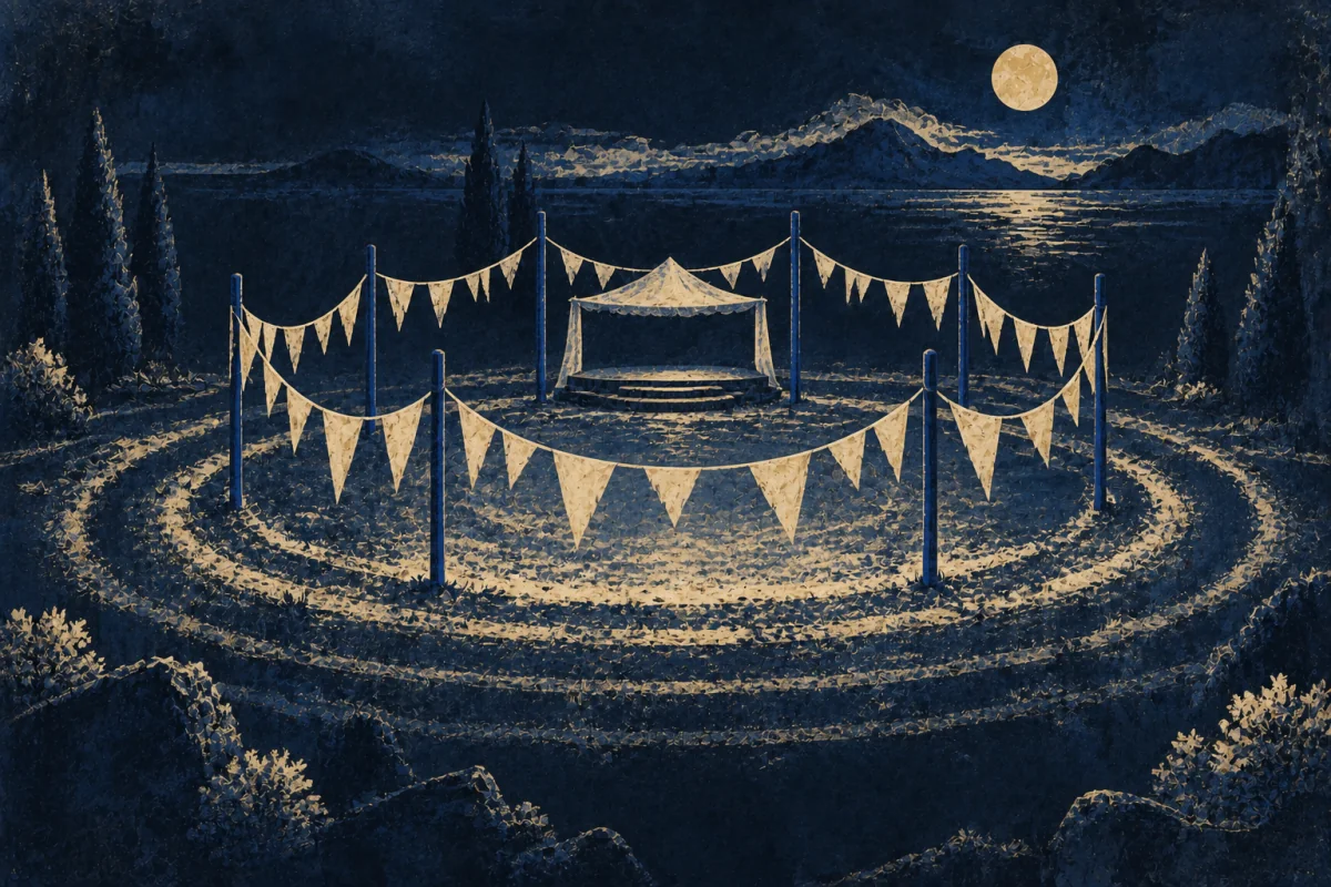 Midnight Symbols artwork for Festival-Maker, painted in deep navy, cobalt, warm ivory, and restrained amber.