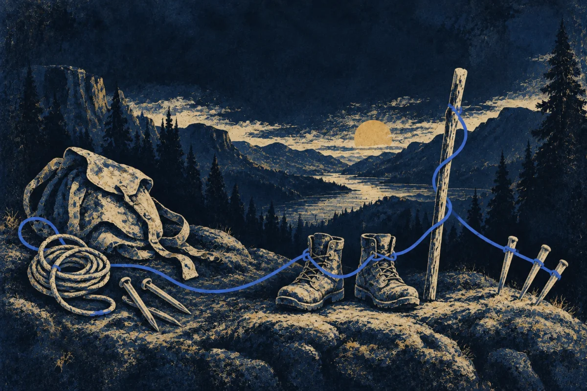 Midnight Symbols artwork for Field-Initiator, painted in deep navy, cobalt, warm ivory, and restrained amber.