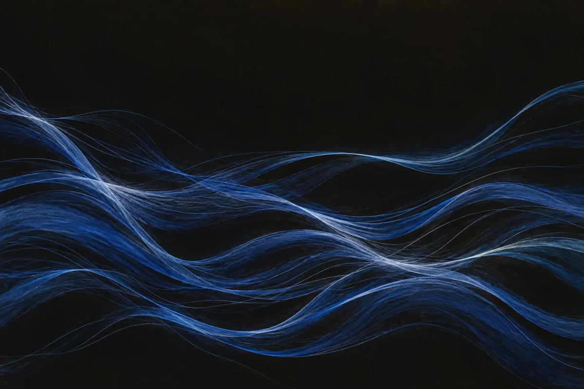 Luminous filaments carry across a deep dark field, thinning and thickening as they go, pooling into cool light where they cross.