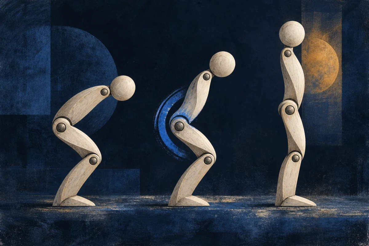 Three articulated ivory wooden forms repeat one movement at different stages. A cobalt correction arc gently adjusts the middle joint so the final form lands cleanly; no people, hands, bodies, classroom, text, numbers, or anatomical diagram.