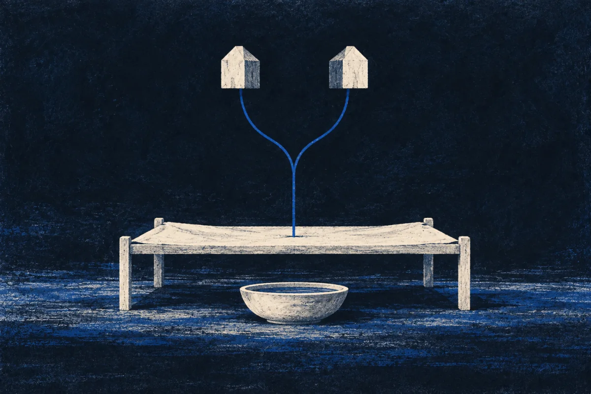 A blue thread rises from an empty pale cot and branches toward two wooden forms. A shallow bowl rests beneath the cot.