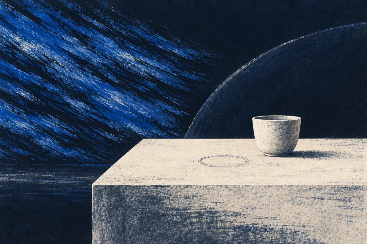 A pale cup sits back from a table edge beside a faint cup ring. A curved dark form separates it from blue streaks.