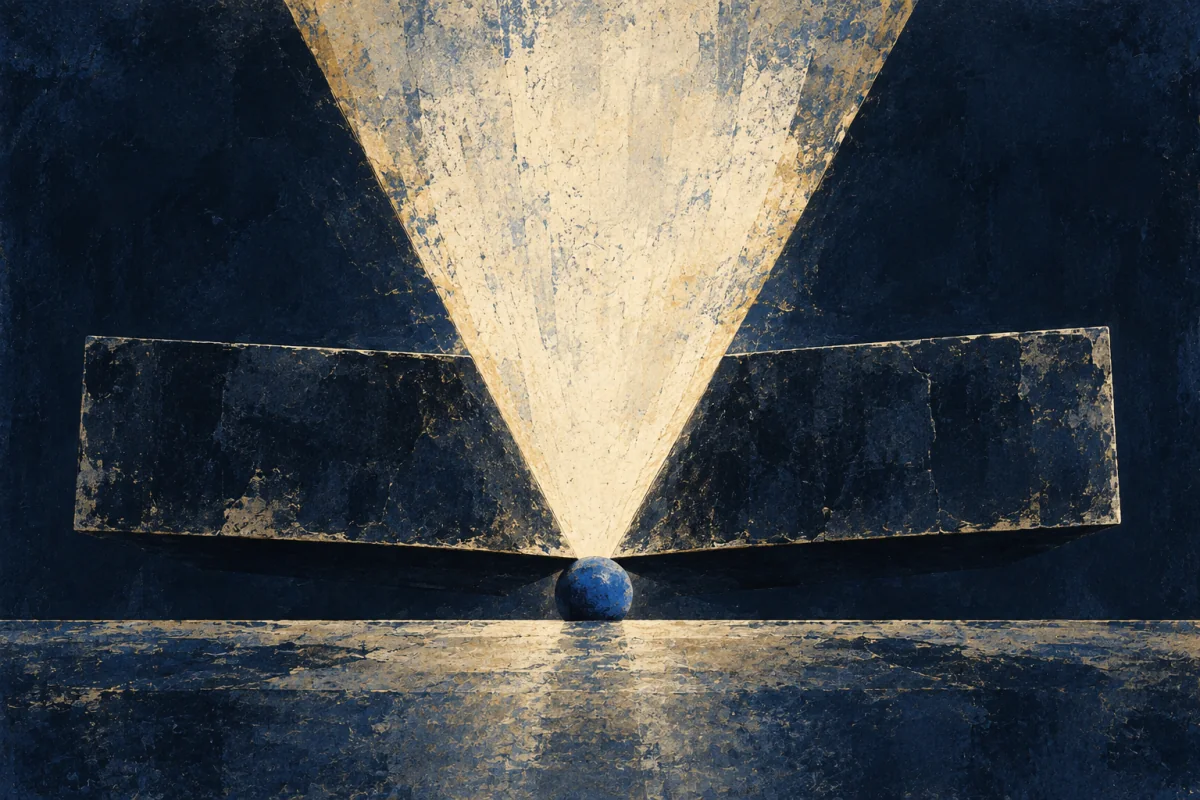 Midnight Symbols artwork for Disputant-Shield, painted in deep navy, cobalt, warm ivory, and restrained amber.