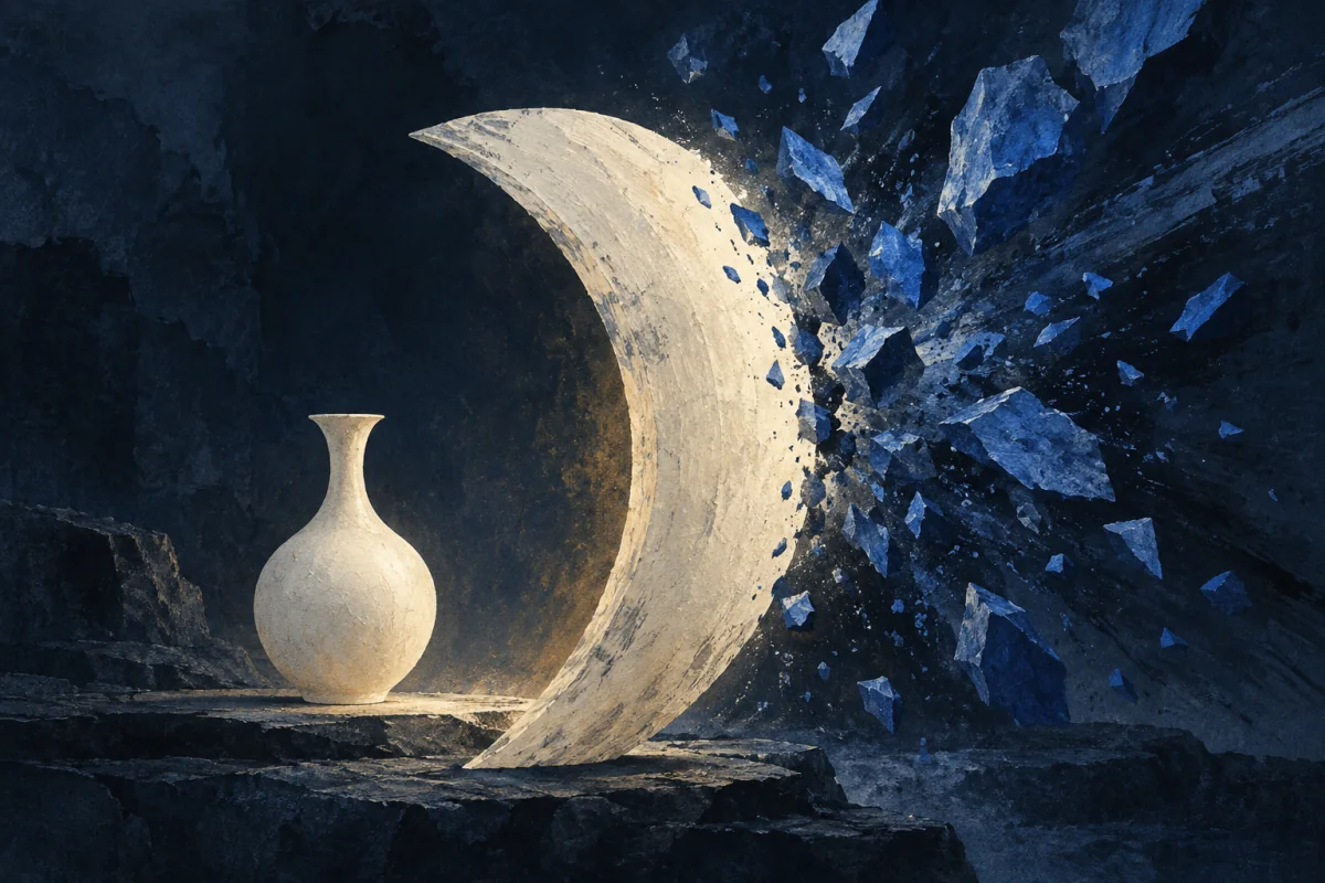 A strong curved ivory plane moves between a fragile pale vessel and a sudden field of cobalt shards, taking the impact into itself while keeping the vessel untouched; no person, body, weapon, armor, crest, battle, or heroic pose.