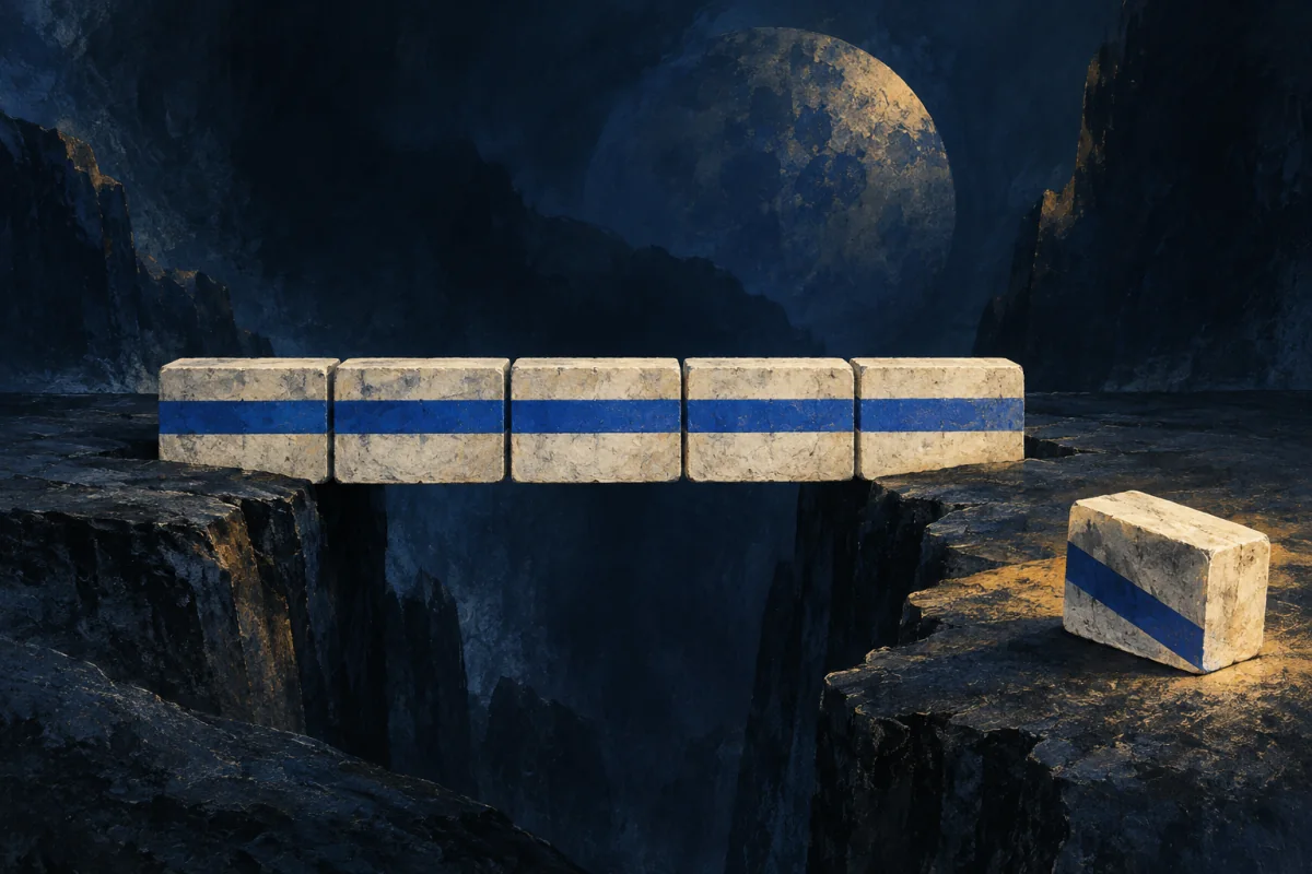 A row of ivory structural blocks holds one clear cobalt boundary across a dark floor. A tempting shortcut piece would break the line, so it remains outside while the slower true route stays intact; no person, law book, badge, shield, letters, numbers, code, checklist, or diagram.