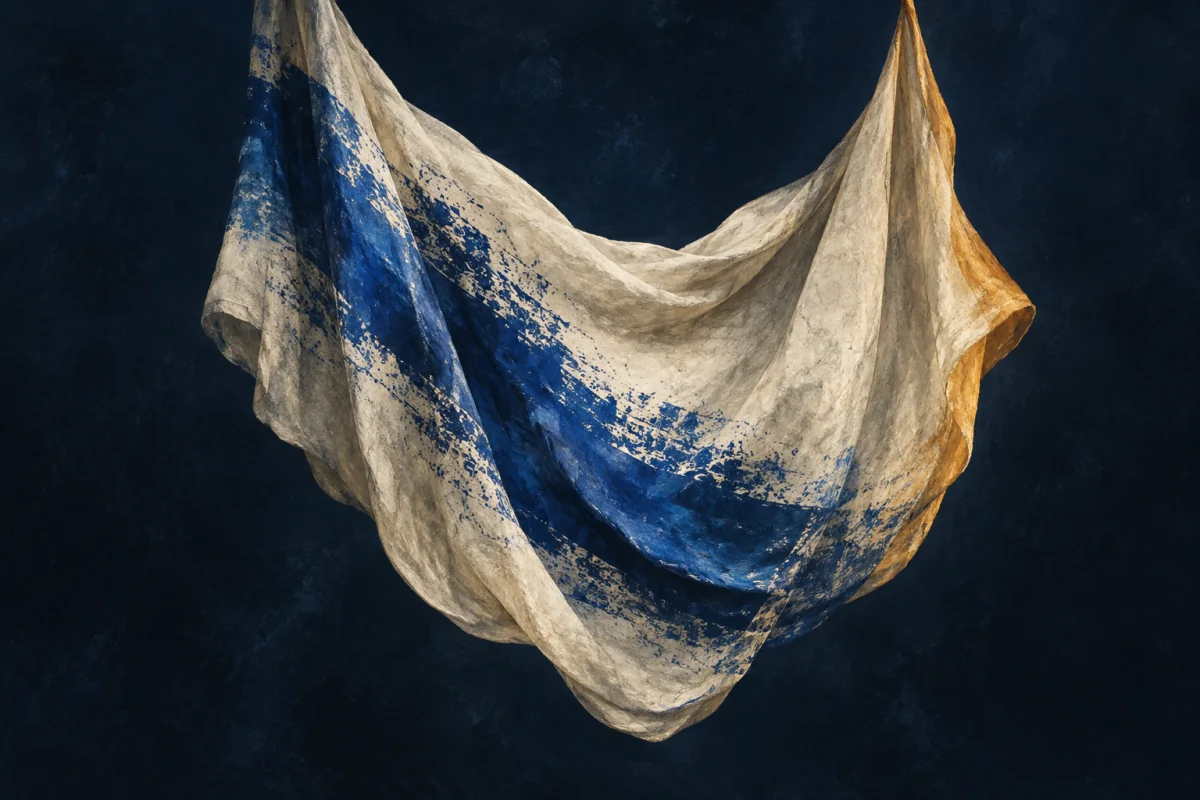 A simple ivory draped form hangs freely in a midnight space. One broad cobalt painted passage and a restrained amber edge transform how its inner mood reads from outside; no person, mannequin, skin, body part, face, costume, text, or tattoo motif.