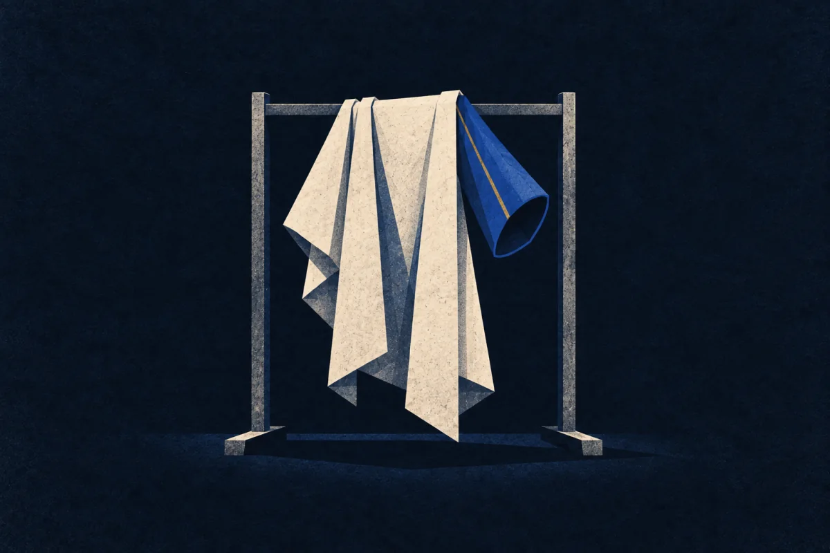 Folded ivory cloth and a cobalt sleeve with a narrow gold seam hang from a simple rack.