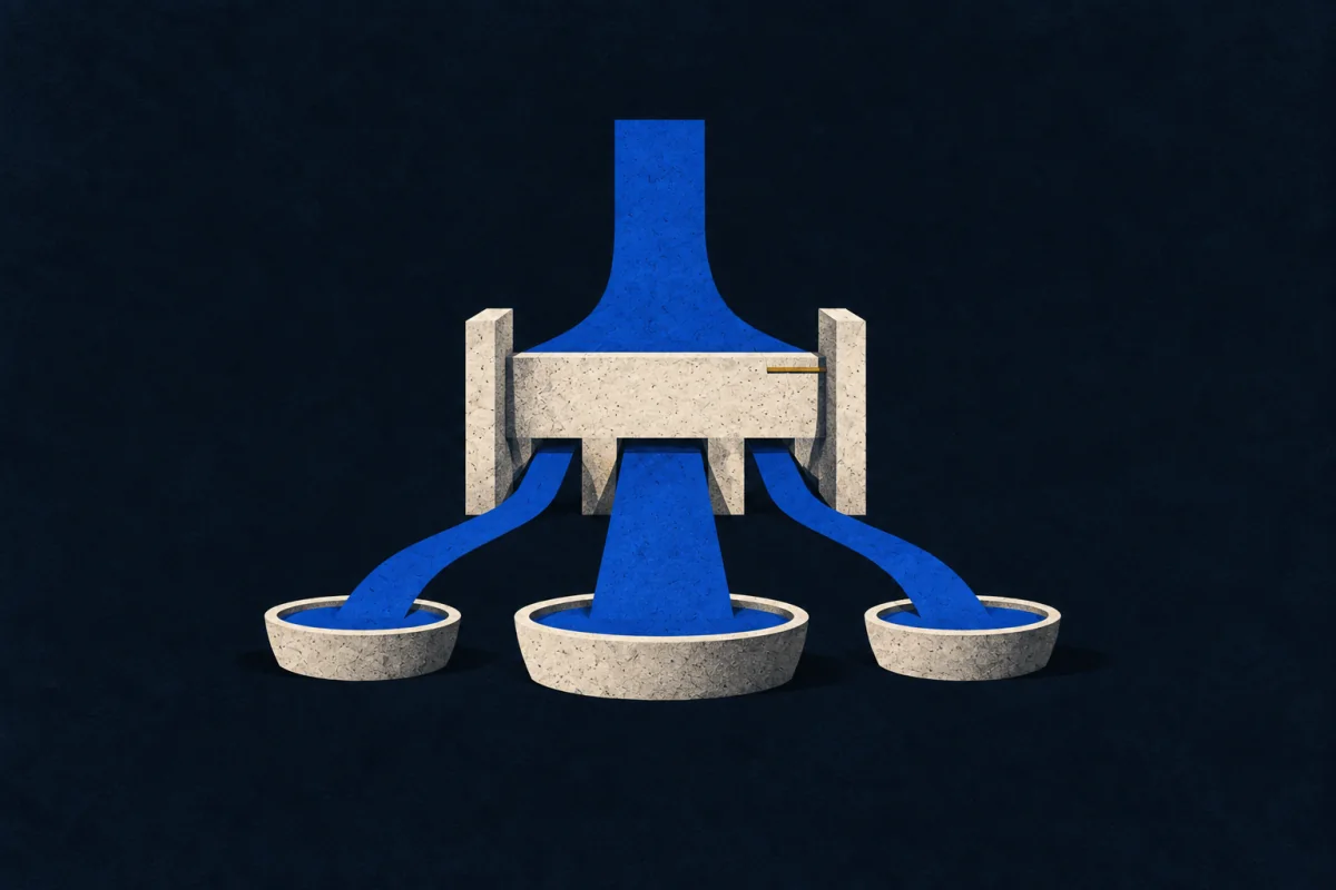 An ivory gate divides one cobalt stream into three orderly channels, each ending in a shallow basin.