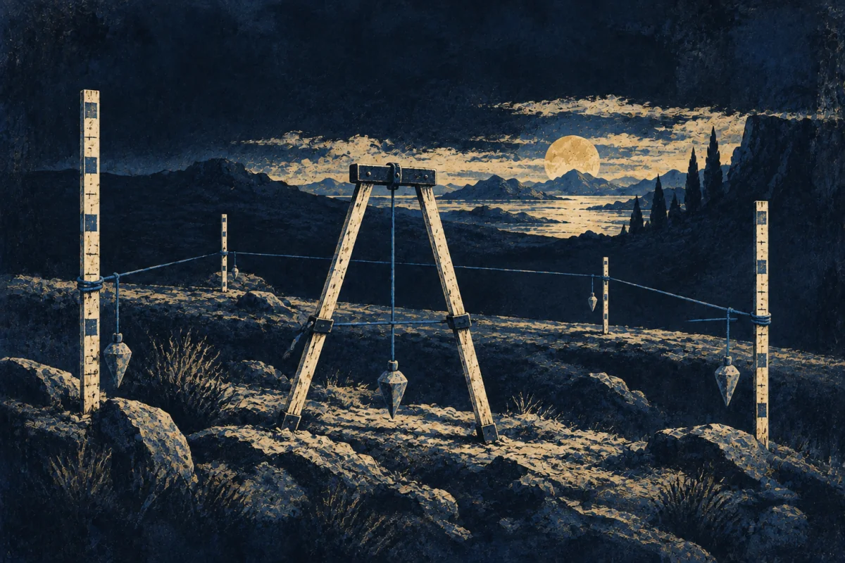 Midnight Symbols artwork for Field-Reckoner, painted in deep navy, cobalt, warm ivory, and restrained amber.