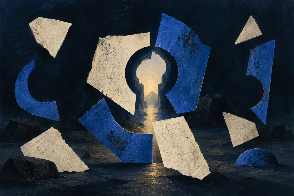 Scattered blank ivory fragments and cobalt cut-shapes seem unrelated across a dark field. One precise rotation makes their negative spaces align and reveal a hidden opening; no letters, numbers, code, key, lock, puzzle grid, network, diagram, or text.
