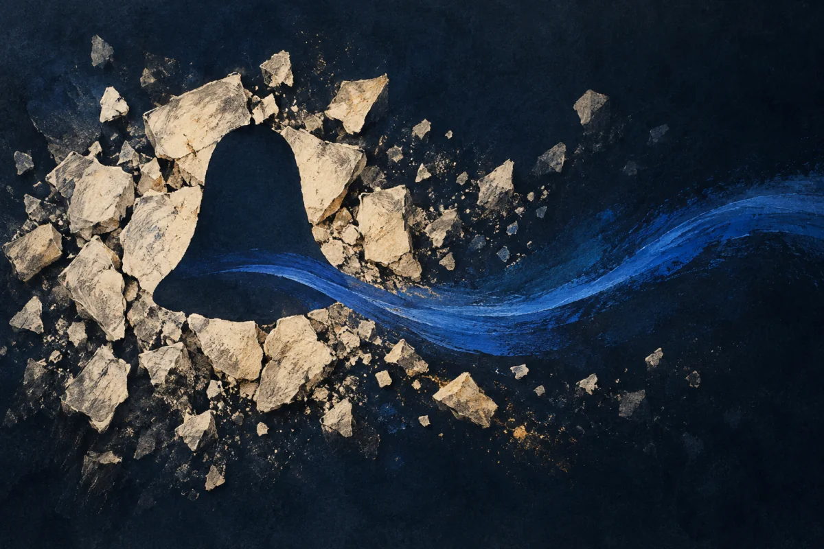 A dense field of rough ivory fragments is pared back to one clean bell-like negative space. From it, a single cobalt wave travels clearly across the dark ground and remains after smaller marks fade; no literal bell, letters, slogan, mouth, person, or sound notation.