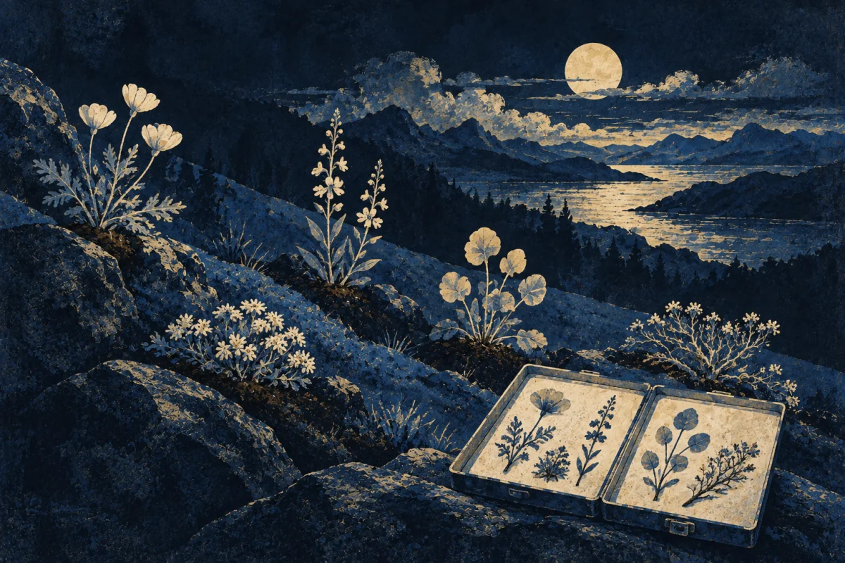 Midnight Symbols artwork for Field-Botanist, painted in deep navy, cobalt, warm ivory, and restrained amber.