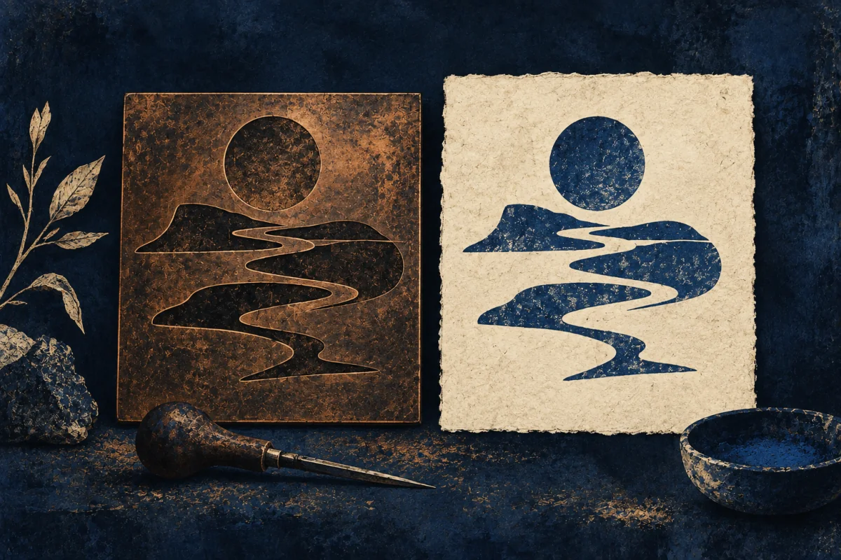 Midnight Symbols artwork for Form-Etcher, painted in deep navy, cobalt, warm ivory, and restrained amber.