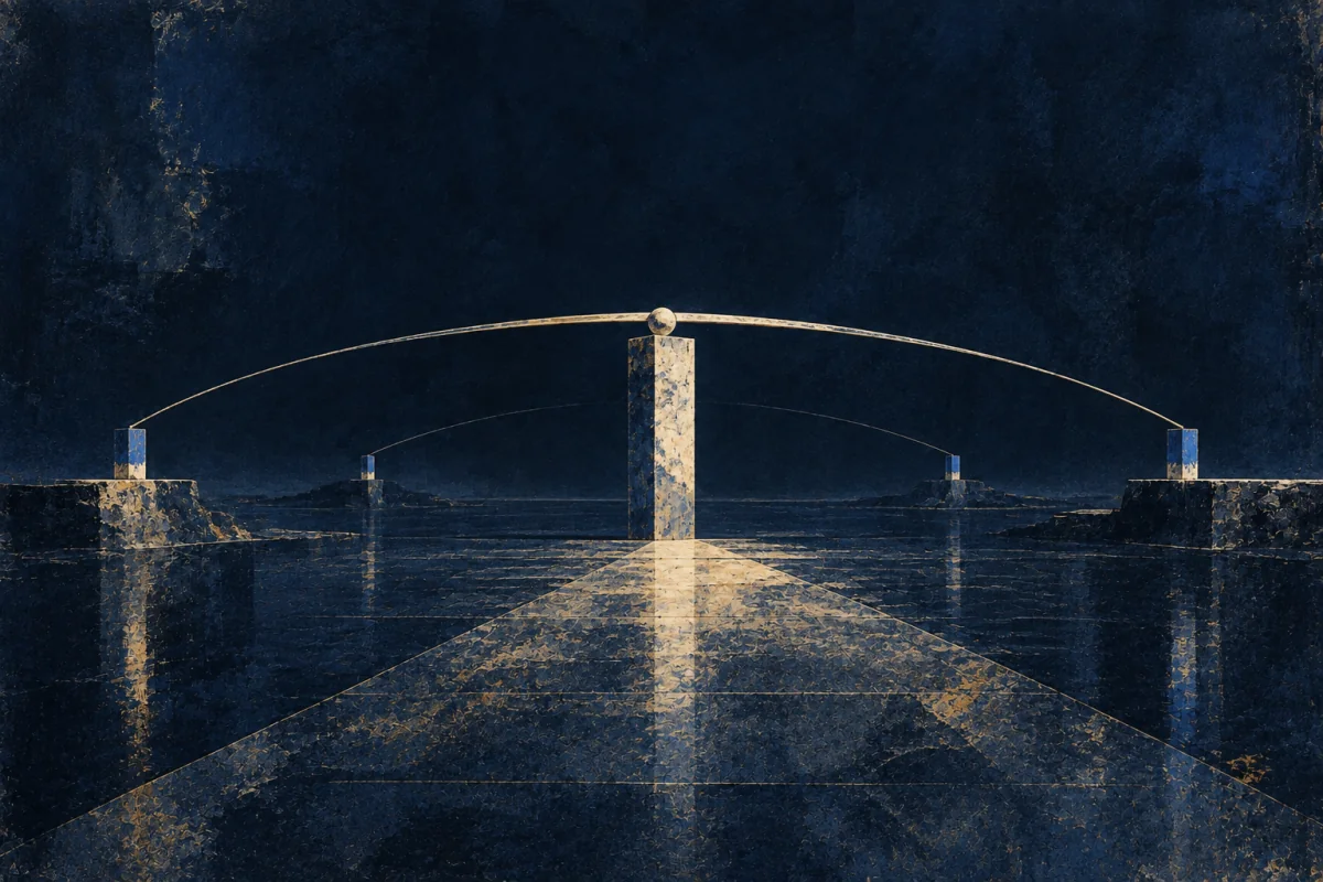 Midnight Symbols artwork for Distance-Solver, painted in deep navy, cobalt, warm ivory, and restrained amber.
