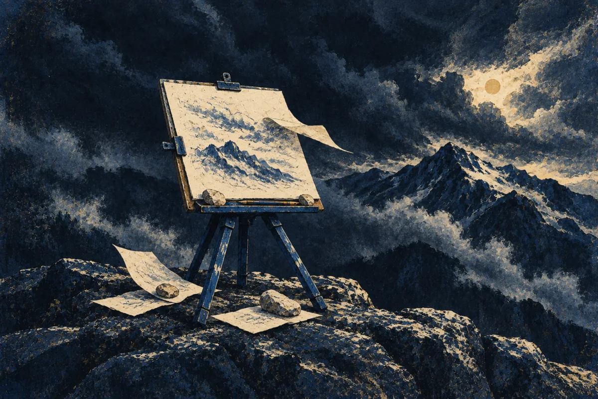 Midnight Symbols artwork for Expedition-Artist, painted in deep navy, cobalt, warm ivory, and restrained amber.