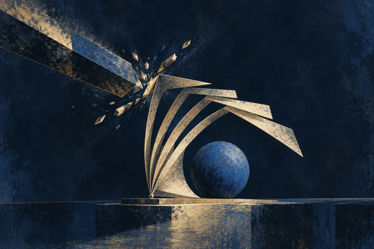 Midnight Symbols artwork for Defense-Inventor, painted in deep navy, cobalt, warm ivory, and restrained amber.