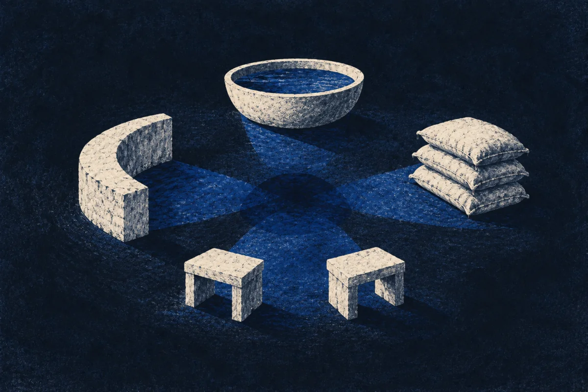 A curved wall, a full basin, stacked sacks and two stools form a circle. Their blue shadows meet in the middle.