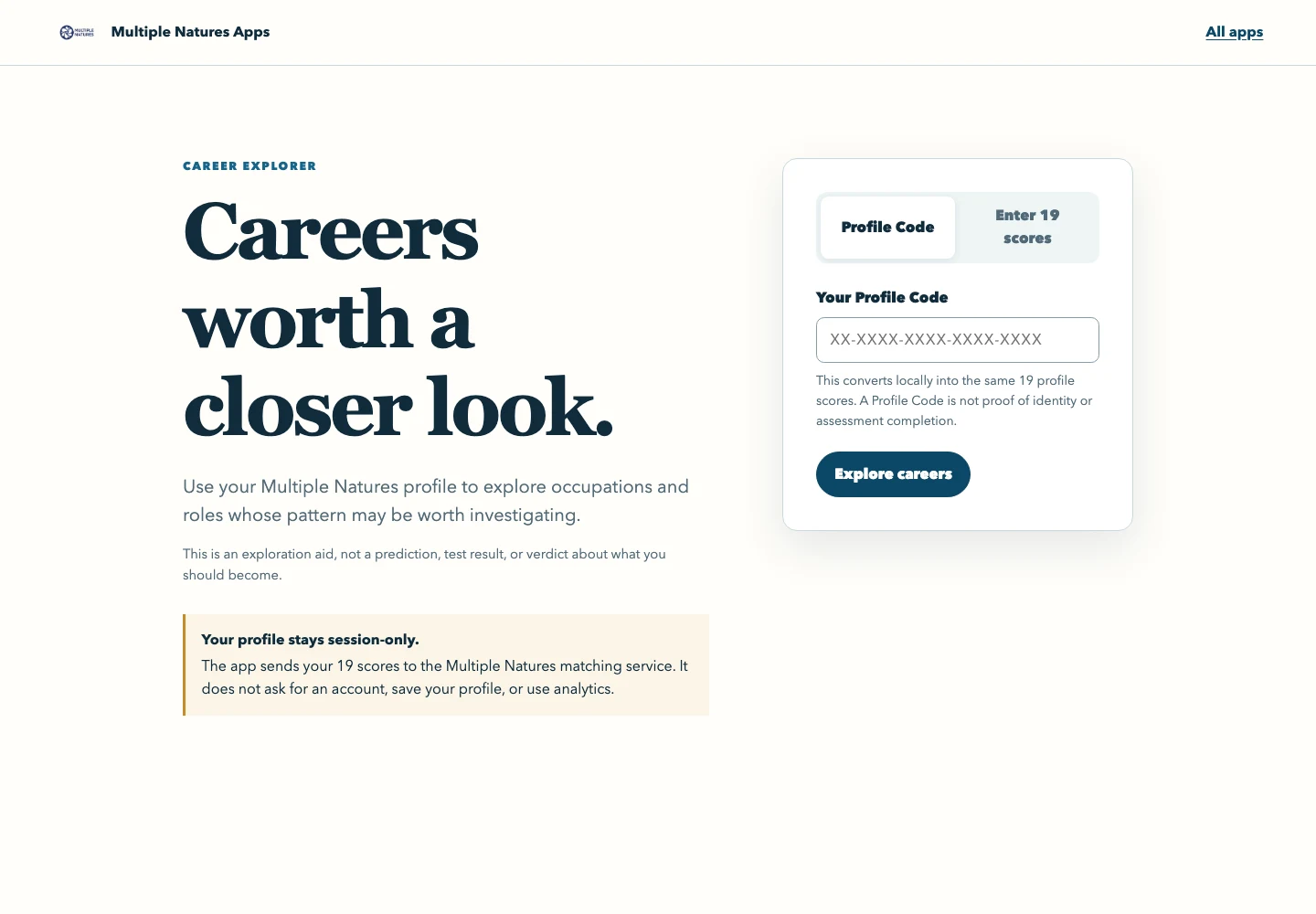 Career Explorer landing screen inviting a Profile Code