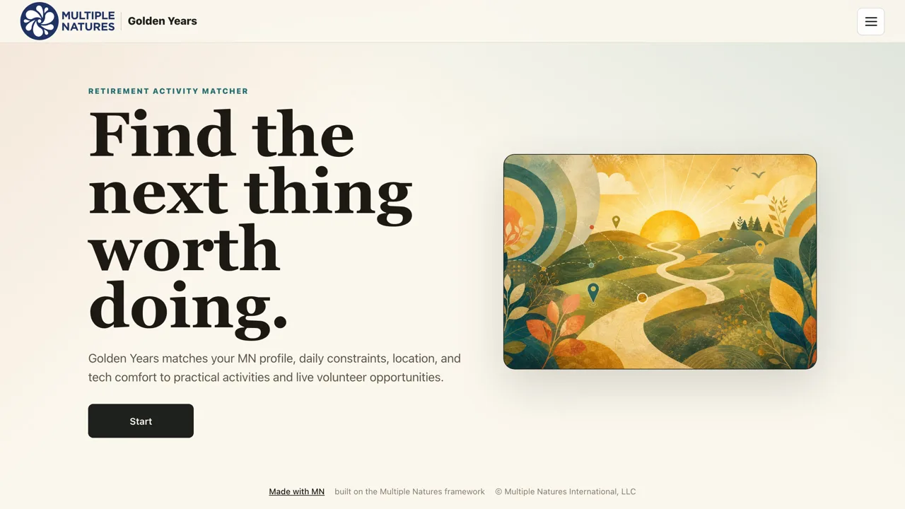Golden Years landing screen for the retirement activity matcher