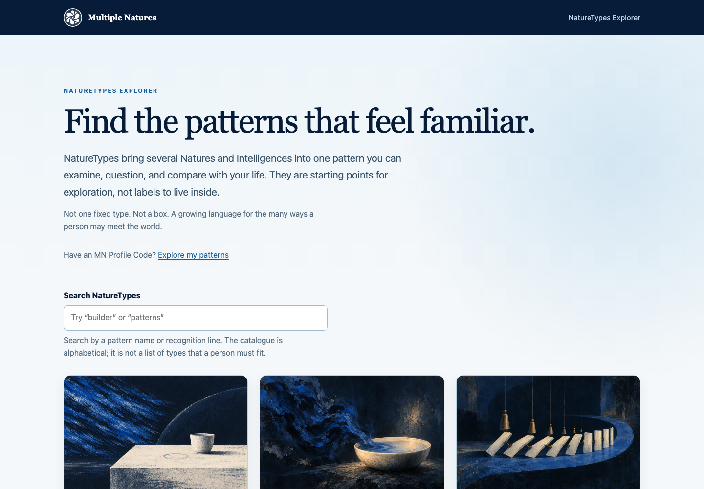 NatureTypes Explorer opening on its catalogue of NatureTypes